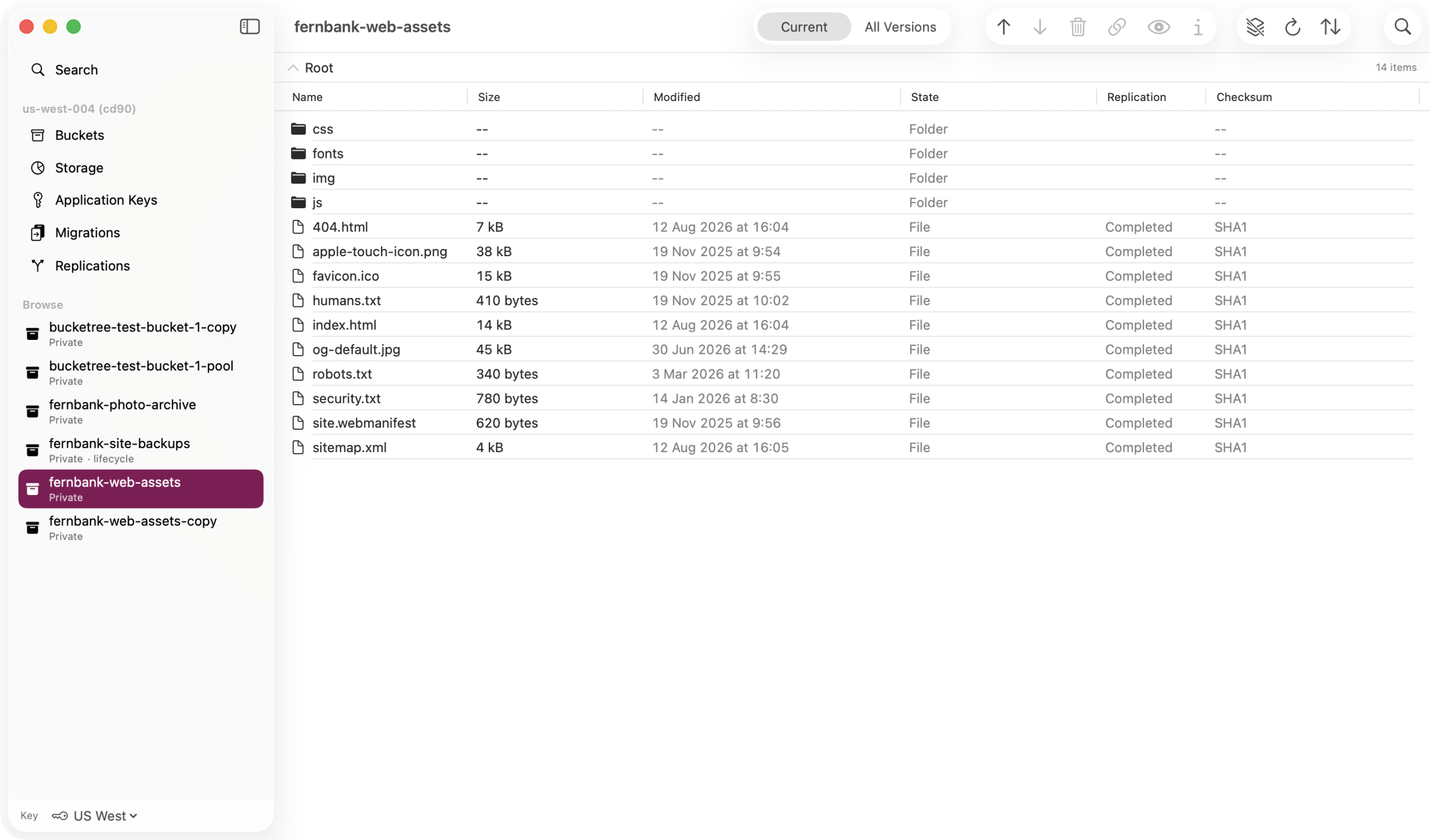 The Bucketree object browser showing a Backblaze B2 bucket